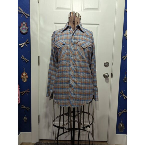 Vintage 70s Tem Tex Pearl Snap Western Shirt Mens M Plaid Check Cowboy Sawtooth - Picture 2 of 11